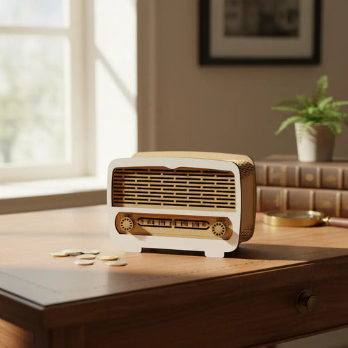 Alcancia Forma De Radio En Madera 19x12x7.5cm Radio Blanco