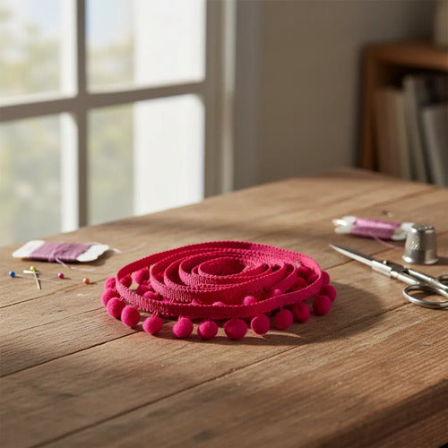 Cinta Bordada Con Pompones Fucsia X 25 Mts Fucsia