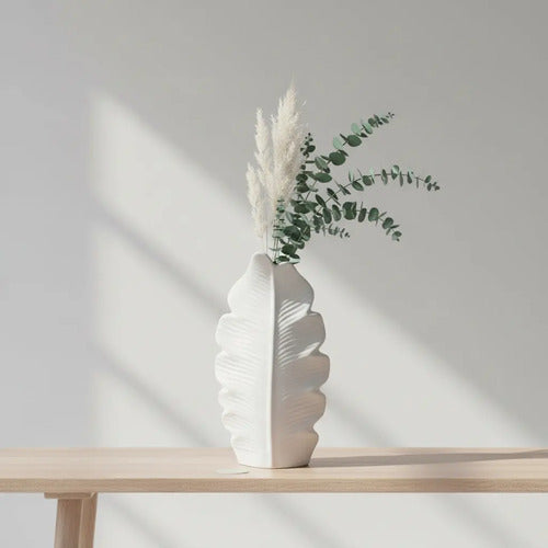 Jarrón Florero Decorativo Cerámica En Crudo 24x13.5x7cm Blanco Hoja