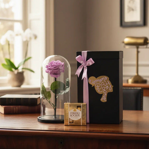 Rosa Preservada Cúpula Caja Regalo Ferrero Dia De La Mujer Segun Disponibilidad