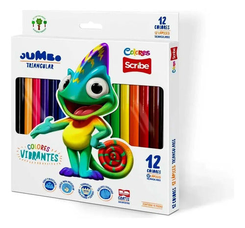 Colores Jumbo Triangular Scribe X 12 Lapices Y 1 Sacapuntas