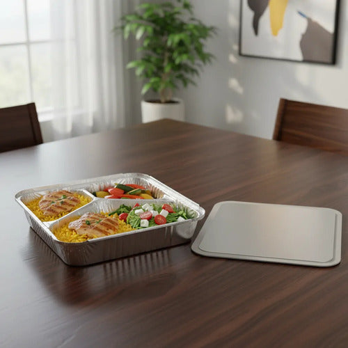 Bandeja Aluminio 3 Divisiones Con Tapa X 10 Unidades Plateado