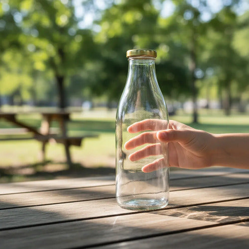 Botella De Vidrio Tipo Lechero Con Tapa 1.000ml - 4 Unidades Tapa Dorada