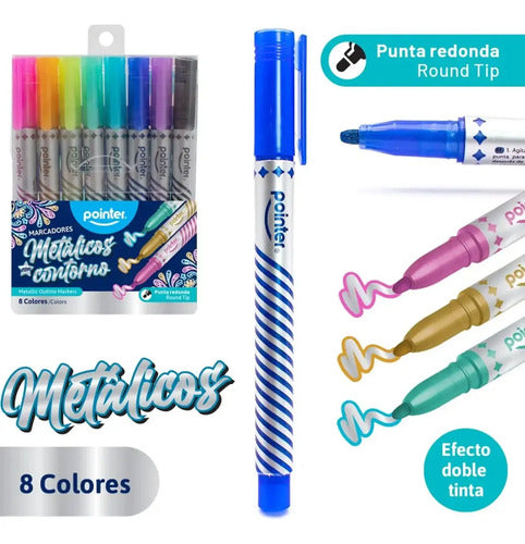 Marcador Con Contorno Metalizado Doble Trazo Pointer X 8 Pcs