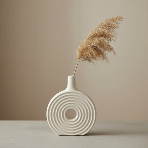 Jarrón Florero Decorativo En Cerámica En Crudo  27x20x6cm  Blanco Rayas
