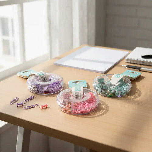 Kit De Oficina 4 En 1 Pastel (clip, Ganchos Y Tachuelas) Pastel