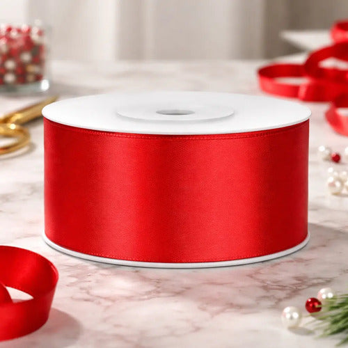 Cinta Roja Raso Tela Satin Moños 25 Mts X 3.5 Cm  Rojo