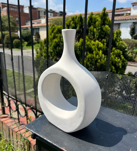 Jarrón Florero Decorativo Cerámica En Crudo 13.5x24x7cm Blanco Círculo