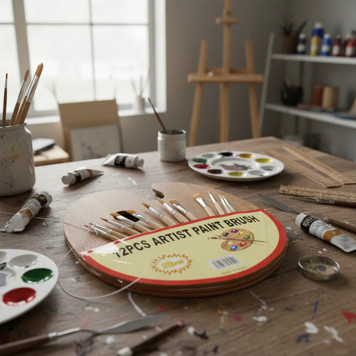 Set De 12 Pinceles Artísticos Y Paleta Mezcladora En Madera Amarillo