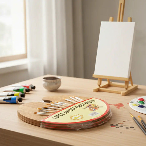 Set De 12 Pinceles Artísticos Y Paleta Mezcladora En Madera Amarillo