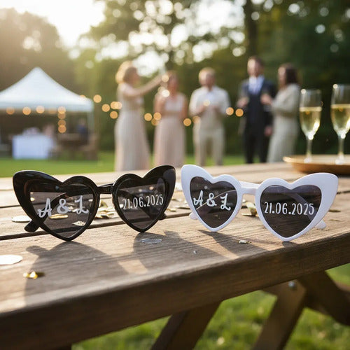 Gafas Personalizadas Corazón Boda Matrimonio X 10 Unidades Negro Y Blanco Personalizado