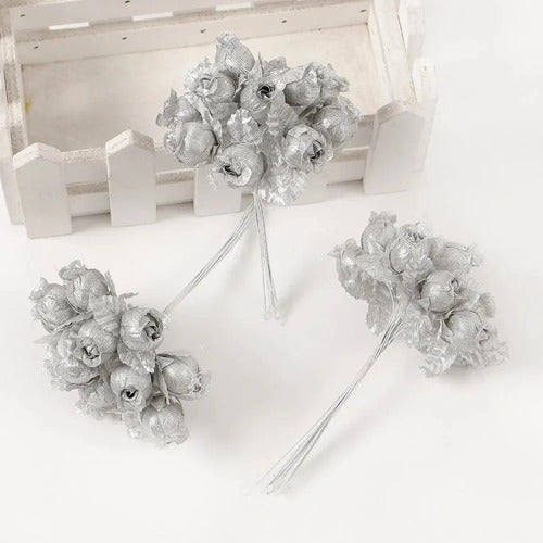 Mini Ramo X 12 Rosas Artificiales Pequeñas Dorado O Plateado