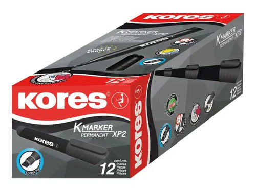 Marcador Permanente Negro Kores Punta Biselada X 12 Pcs
