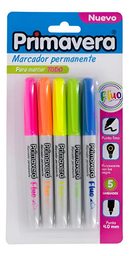 Marcador Permanente Punta Fina Primavera Neón X 5 Colores Fluorescente