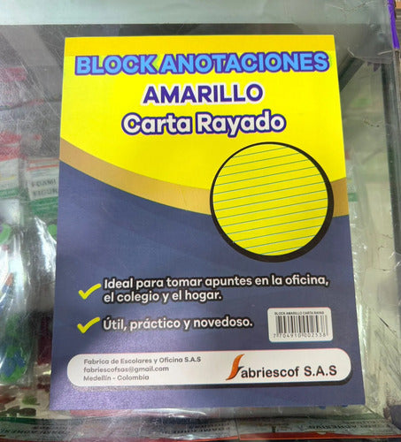 Block Carta Apuntes Anotaciones Amarillo Rayado X 50 Hojas