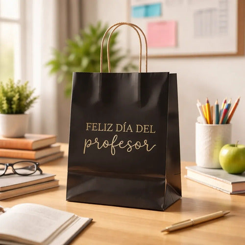 Bolsas Papel Regalo Día Del Profesor 25x20x12cm -12 Unidades Negro Manija