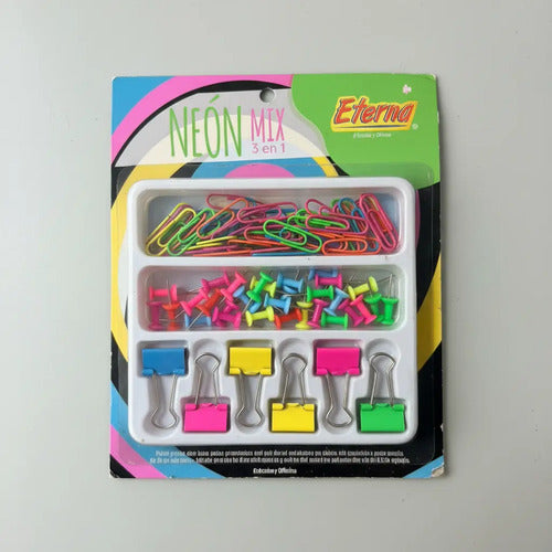 Kit De Oficina 3 En 1 Neón (clip Ganchos Y Tachuelas) Neón