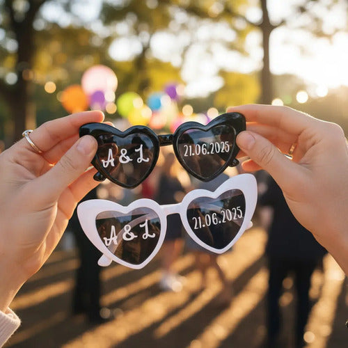 Gafas Personalizadas Corazón Boda Matrimonio X 2 Unidades Negro Y Blanco Personalizado