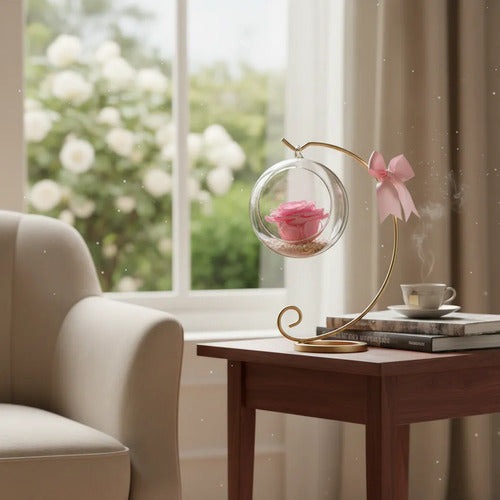 Rosa Preservada Rosada Regalo Soporte + Burbuja De Cristal Rosado