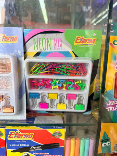 Kit De Oficina 3 En 1 Neón (clip Ganchos Y Tachuelas) Neón