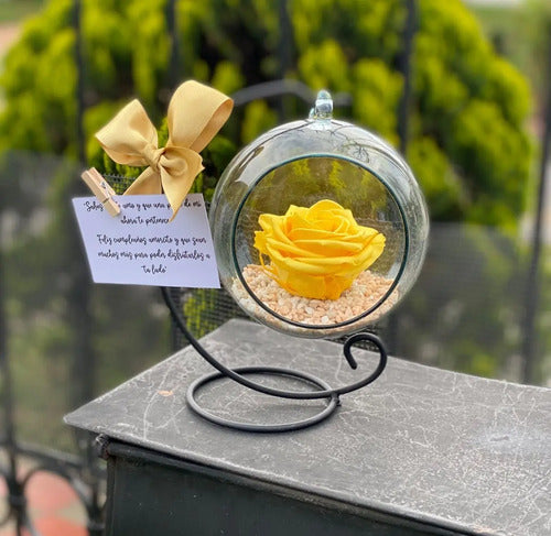 Rosa Preservada Amarilla Regalo Soporte + Burbuja Cristal Amarilla