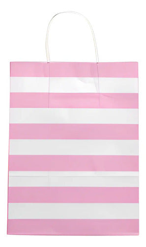 Bolsa Papel Rosada Kraft Manija 33x25.5x13cm - 50 Unidades Rosa Claro Rosa Rayas
