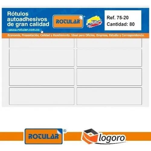 Rotulo Autoadhesivo Blanco 75x20mm X 80 Pcs - Ref. 75-20 Blanco