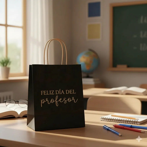 Bolsas Papel Regalo Día Del Profesor 25x20x12cm -12 Unidades Negro Manija