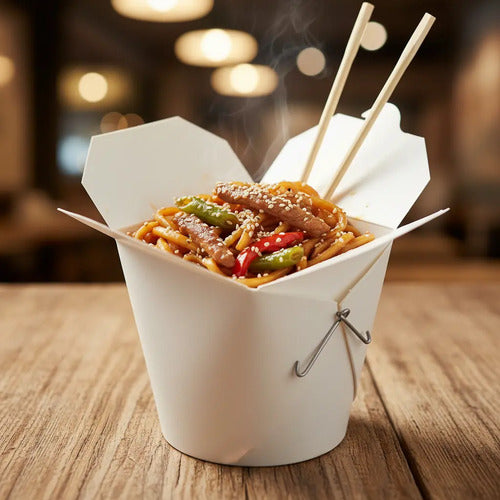 Caja Desechable Wok Carton 42oz 14.5x14.5x13cm - 50 Unidades Blanco