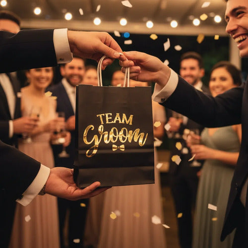 Bolsas Papel Team Groom Bodas 20x16x8cm- 12 Unidades Negro Caballeros De Honor