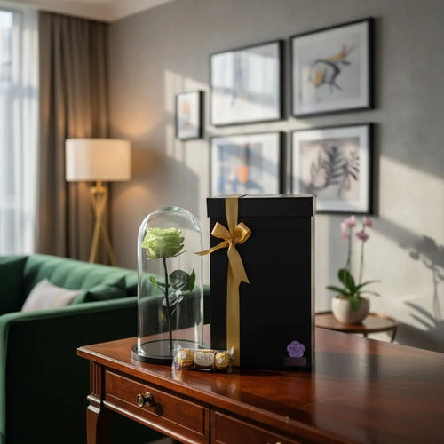 Rosa Preservada Cúpula Vidrio Ferrero Caja Regalo Led Verde Verde Lima
