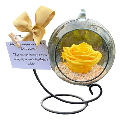 Rosa Preservada Amarilla Regalo Soporte + Burbuja Cristal Amarilla