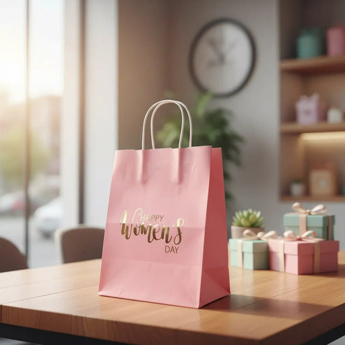Bolsas Papel Regalo Día De La Mujer 25x20x12cm - 12 Unidades Rosa Happy Women's Day