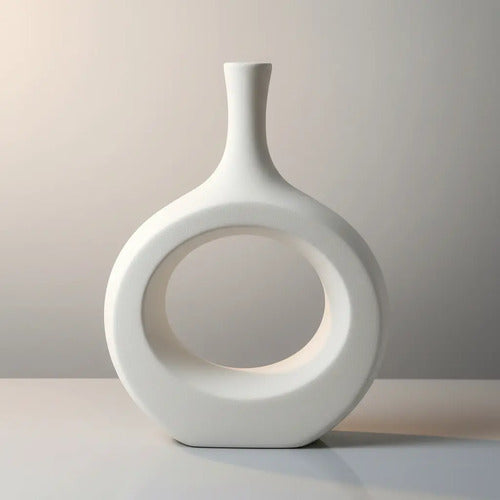 Jarrón Florero Decorativo Cerámica En Crudo 13.5x24x7cm Blanco Círculo