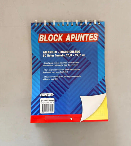 Block Apuntes Argollado Cuadros Amarillo X 50 Hojas