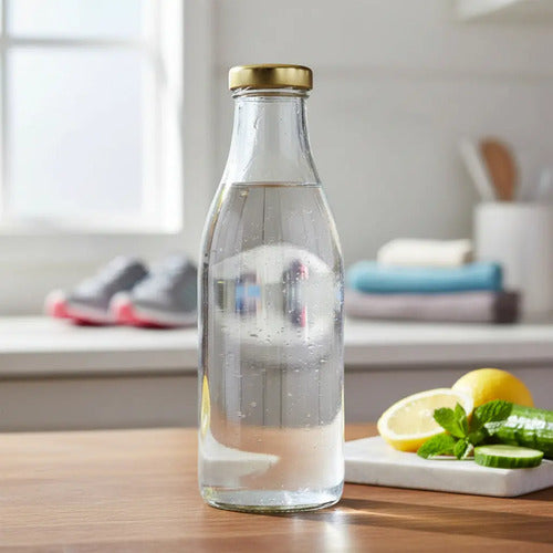 Botella De Vidrio Tipo Lechero Con Tapa 1.000ml - 6 Unidades Tapa Dorada
